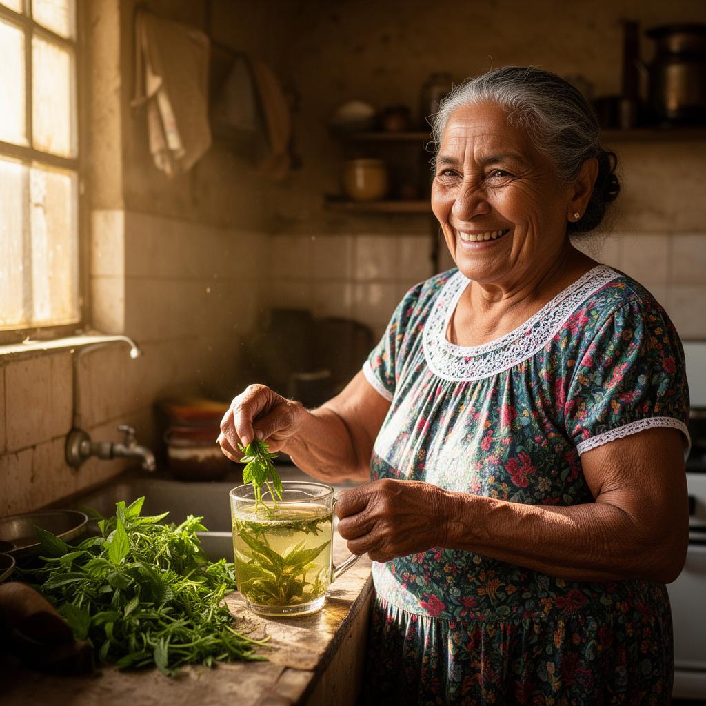 Abuela latinoamericana preparando té de hierbas naturales